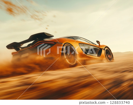 A photorealistic image of a sports car racing through a desert landscape 128833740