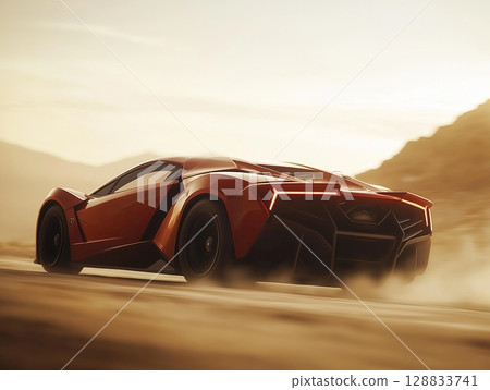 A sleek car speeding down the highway on a clear day 128833741