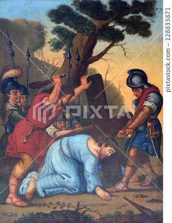 3rd Stations of the Cross, Jesus falls the first time, Maria im Grunen Tal pilgrimage church in Retzbach in the Bavarian district of Main-Spessart, Germany 128833871