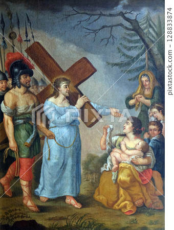 8th Stations of the Cross,Jesus meets the daughters of Jerusalem, Maria im Grunen Tal pilgrimage church in Retzbach in the Bavarian district of Main-Spessart, Germany 8th Stations of the Cross,Jesus meets the daughters of Jerusalem, Maria im Grunen Tal pilgrimage church in Retzbach in the Bavarian district of Main-Spessart, Germany 128833874