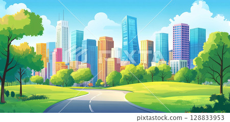 A colorful cartoon illustration depicts a vibrant city skyline with tall buildings, seen from a lush green park with a road and sunny blue sky. 128833953