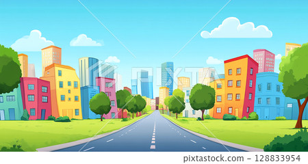 A colorful cartoon illustration depicts a vibrant city skyline with tall buildings, seen from a lush green park with a road and sunny blue sky. 128833954
