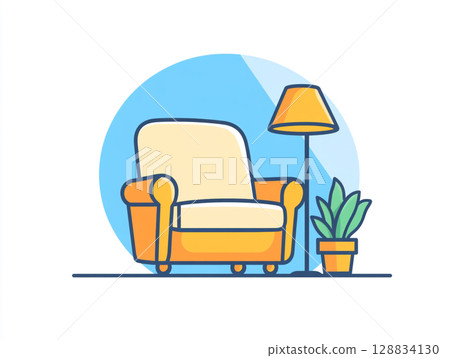 An illustration of a cozy living space with an armchair, a potted plant, and a floor lamp, set against a simple blue and white background. 128834130