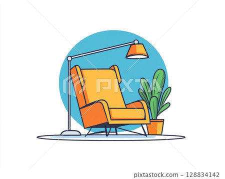 An illustration of a cozy living space with an armchair, a potted plant, and a floor lamp, set against a simple blue and white background. 128834142