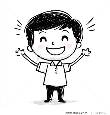 Happy stick-figure teacher with cheerful students, against a white background.  128834322