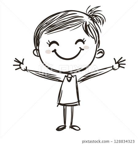 Happy stick-figure teacher with cheerful students, against a white background.  128834323