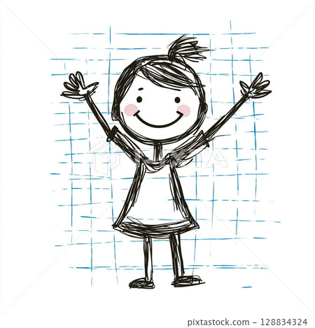 Happy stick-figure teacher with cheerful students, against a white background.  128834324