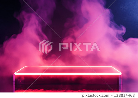 A futuristic pink neon-lit podium enveloped in smoke, creating a vibrant, atmospheric stage for product display or abstract concept. 128834468