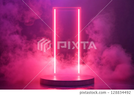 A futuristic pink neon-lit podium enveloped in smoke, creating a vibrant, atmospheric stage for product display or abstract concept. 128834492