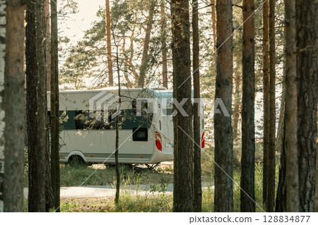 Caravan trailer parked in a forest enjoying peaceful camping by the lake 128834877