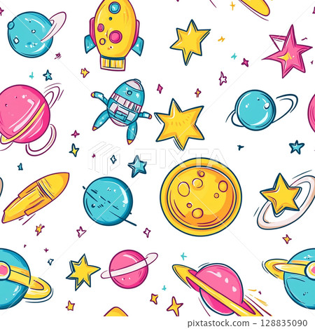 A seamless pattern of colorful cartoon space elements including planets, rockets, UFOs, and stars, on a white background. 128835090
