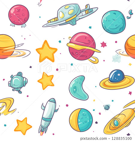 A seamless pattern of colorful cartoon space elements including planets, rockets, UFOs, and stars, on a white background. 128835100
