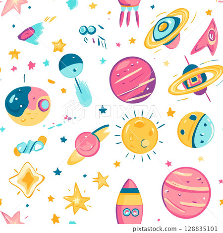 A seamless pattern of colorful cartoon space elements including planets, rockets, UFOs, and stars, on a white background. 128835101