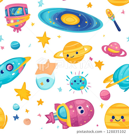 A seamless pattern of colorful cartoon space elements including planets, rockets, UFOs, and stars, on a white background. 128835102