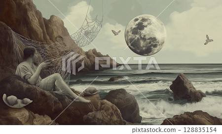 A surrealist composition featuring the shadowed outline of a human hand intertwined with spider net, full moon, and mirrors leading into vast natural seascapes 128835154