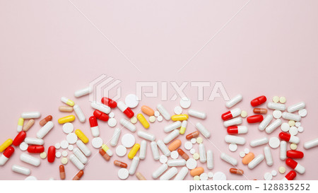Concept of healthcare and medicine. Various medication tablets and capsules Concept of healthcare and medicine. Various medication tablets and capsules 128835252