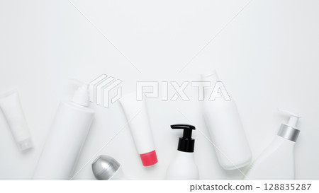 Cosmetic beauty products. Bottles and tubes with branding mock up. Skin care and beauty concept 128835287