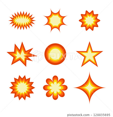 Bright Comic Explosion Elements Set Vector Illustration. A colorful vector set of nine comic style explosion and burst shapes arranged in a 3x3 grid. Bright Comic Explosion Elements Set Vector Illustration. A colorful vector set of nine comic style explosion and burst shapes arranged in a 3x3 grid. 128835695