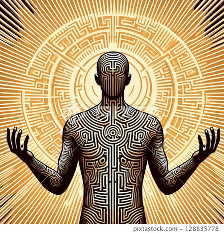 Dynamic Silhouette with Maze Pattern and Raised Hands in Retro Style, enhancing the sense of complexity and entrapment 128835778