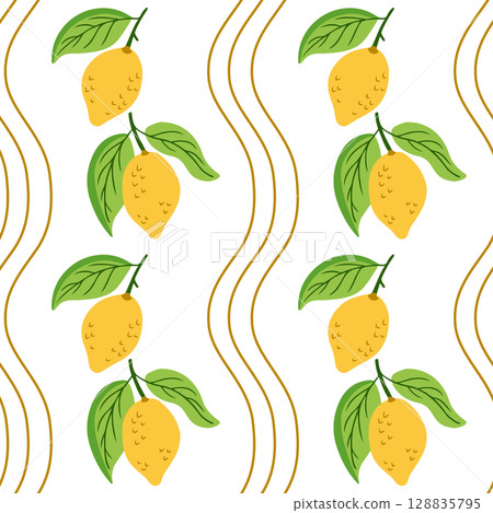 Seamless pattern of hand drawn lemons with green leaves and wavy golden lines on a white background 128835795