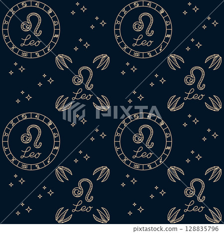 Seamless zodiac pattern with Leo symbol, constellations, and astrological circle on a dark background 128835796