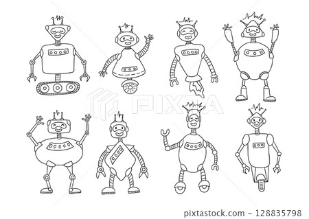 Hand drawn doodle set of funny cartoon robots with various shapes, arms, and expressions on white background 128835798