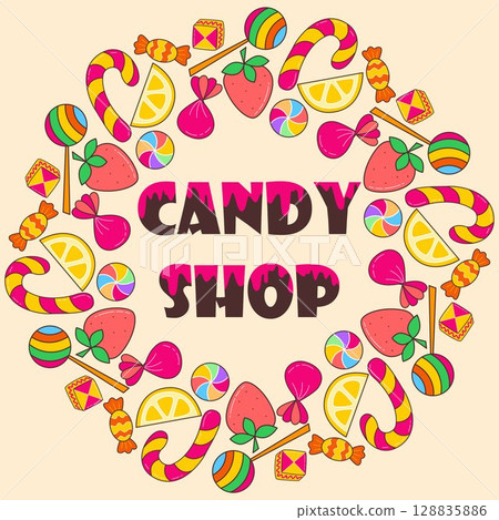 Bright colorful sign with tasty treats and the inscription Candy Shop 128835886