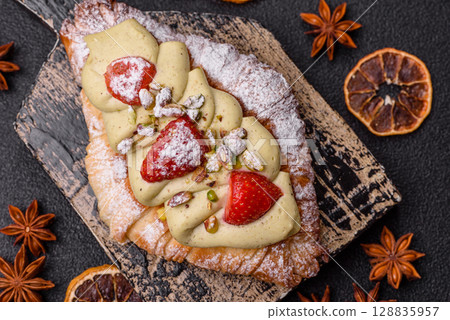 Food for breakfast sweet strawberry croissants with chocolate filling 128835957