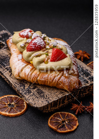 Food for breakfast sweet strawberry croissants with chocolate filling Food for breakfast sweet strawberry croissants with chocolate filling 128835959