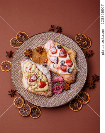 Food for breakfast sweet strawberry croissants with chocolate filling Food for breakfast sweet strawberry croissants with chocolate filling 128836007