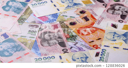 Background of Argentine peso paper money, notes with different denominations Background of Argentine peso paper money, notes with different denominations 128836026
