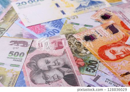 Background of Argentine peso paper money, notes with different denominations Background of Argentine peso paper money, notes with different denominations 128836029