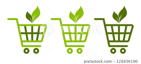 Eco Shopping Cart Icons with Leaves. Green Basket Symbol for Organic Market, Sustainable Products, Natural Food, Vegan Lifestyle, Zero Waste Retail Concept 128836190