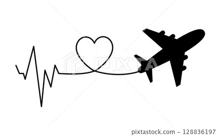 Airplane with Heartbeat and Love Line. Romantic Flight Concept, Travel Passion Symbol, Pulse and Aviation Connection, Valentine Journey Design in Black Silhouette Airplane with Heartbeat and Love Line. Romantic Flight Concept, Travel Passion Symbol, Pulse and Aviation Connection, Valentine Journey Design in Black Silhouette 128836197