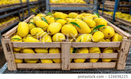 Fresh yellow mangoes in wooden crate at market, showcasing vibrant colors and natural appeal 128836225