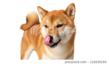 This Shiba Inu is captured in a full-length pose, licking its nose with its tongue. The dog's playful expression showcases its charming personality and cuteness in a bright setting. 128836269