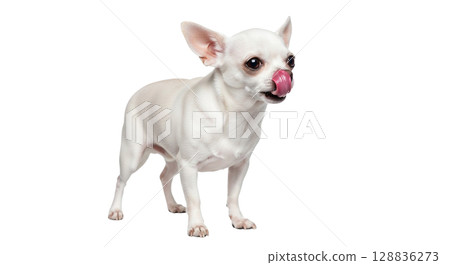A small white Chihuahua stands with its ears perked up, playfully licking its nose with its tongue. The dog's bright eyes and curious expression add a charming touch to its playful demeanor. 128836273