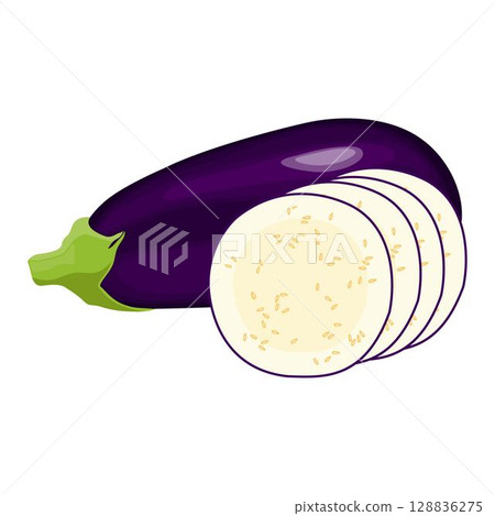 Vector illustration eggplant slice vegetable in cartoon flat style. Aubergine purple fresh, plant food, organic healthy, agriculture brinjal garden. Raw violet eggplant sliced in white background. 128836275