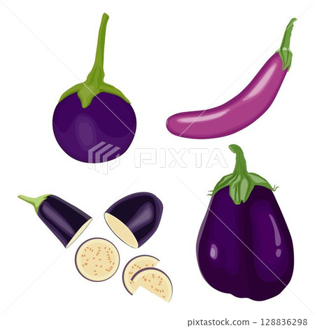 Vector illustration eggplant slice vegetable in cartoon flat style. Aubergine purple fresh, plant food, organic healthy, agriculture brinjal garden. Raw violet eggplant sliced in white background. Vector illustration eggplant slice vegetable in cartoon flat style. Aubergine purple fresh, plant food, organic healthy, agriculture brinjal garden. Raw violet eggplant sliced in white background. 128836298