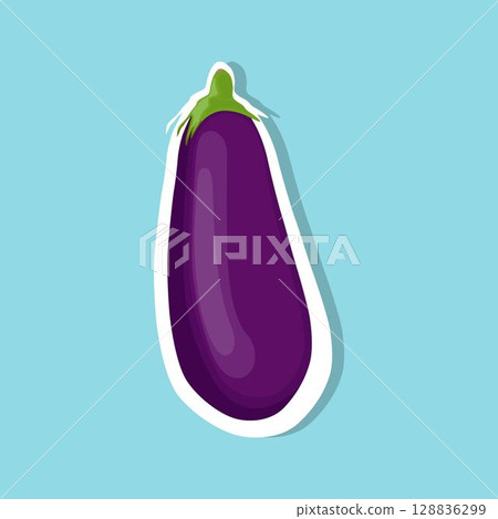 Vector illustration eggplant vegetable sticker in cartoon flat style. Aubergine purple fresh, plant food, organic healthy, agriculture brinjal garden. Raw violet eggplant sliced in white background. 128836299