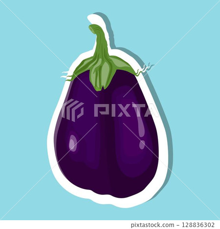 Vector illustration eggplant vegetable sticker in cartoon flat style. Aubergine purple fresh, plant food, organic healthy, agriculture brinjal garden. Raw violet eggplant sliced in white background. 128836302
