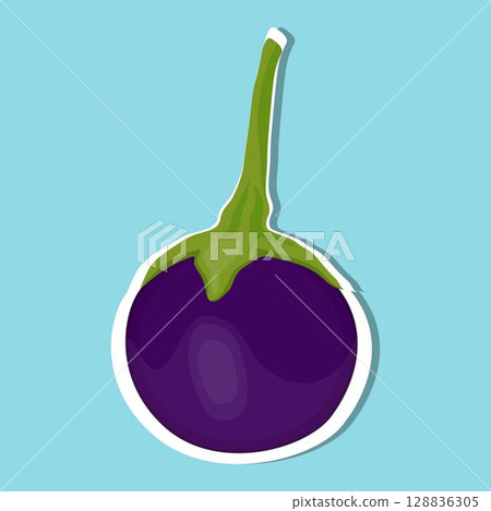 Vector illustration eggplant vegetable sticker in cartoon flat style. Aubergine purple fresh, plant food, organic healthy, agriculture brinjal garden. Raw violet eggplant sliced in white background. 128836305