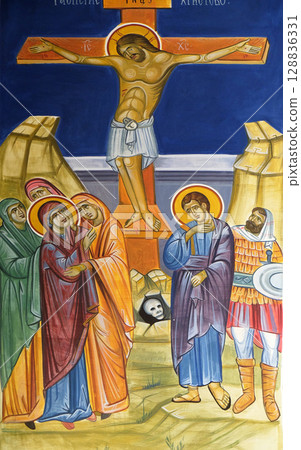 Crucifixion, Jesus on the Cross, fresco in the Church of Saint Paraskeva of the Balkans near Saint Naum Monastery, Ohrid in Macedonia 128836331