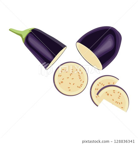 Vector illustration eggplant slice vegetable in cartoon flat style. Aubergine purple fresh, plant food, organic healthy, agriculture brinjal garden. Raw violet eggplant sliced in white background. Vector illustration eggplant slice vegetable in cartoon flat style. Aubergine purple fresh, plant food, organic healthy, agriculture brinjal garden. Raw violet eggplant sliced in white background. 128836341