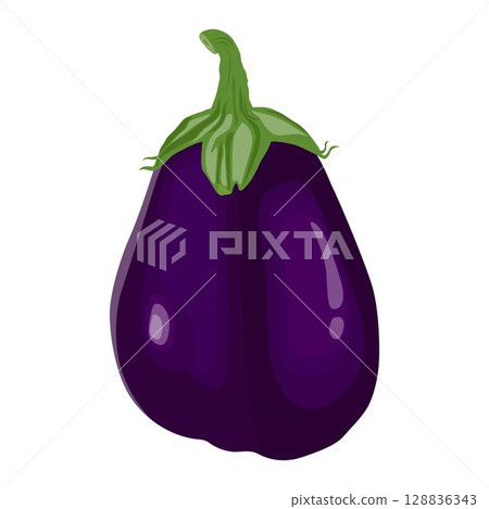 Vector illustration of single eggplant vegetable cartoon flat style. Eggplant isolated on white background. Organic natural food concept designed in purple of violet color. Solanum melongena vegetable 128836343