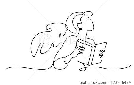 Young woman holds book in hands, looks straight, thinks and dreams. Young woman holds book in hands, looks straight, thinks and dreams. 128836459