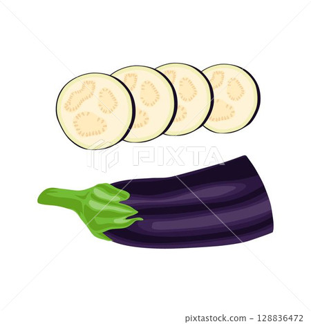 Vector illustration eggplant slice vegetable in cartoon flat style. Aubergine purple fresh, plant food, organic healthy, agriculture brinjal garden. Raw violet eggplant sliced in white background. 128836472