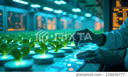 Vertical Farming Innovation, Scientist Nurturing Hydroponic Plants. 128836777