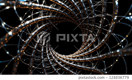 Futuristic Spiral Tunnel of Glowing Wires and Digital Connections. 128836779