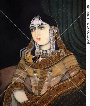 Portraits of historical Indian people on wall of Park Regis Hotel in Jaipur, Rajasthan, India 128836889